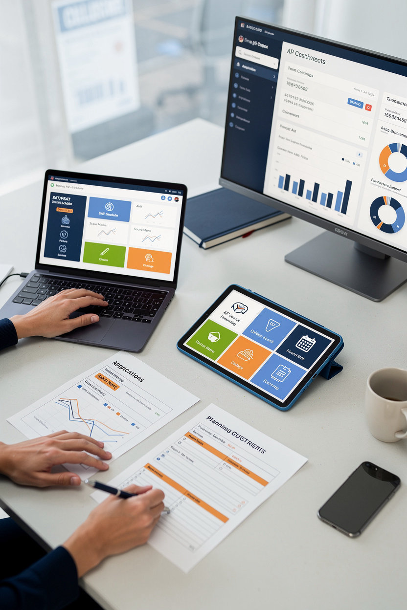 College Board integrated counselor tools dashboard for managing SAT, AP, college search, and financial aid resources